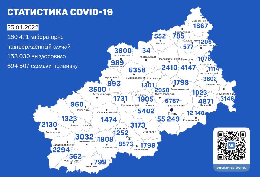 В Твери +25. Карта коронавируса в Тверской области к 25 апреля 2022 года