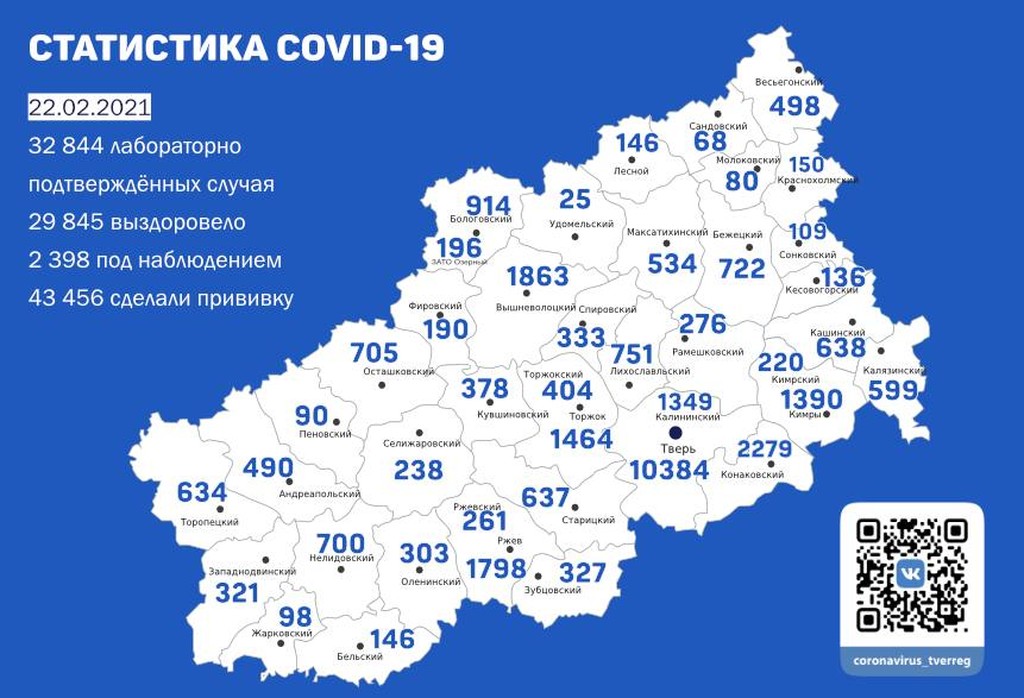 Карта коронавируса в Тверской области к 22 февраля