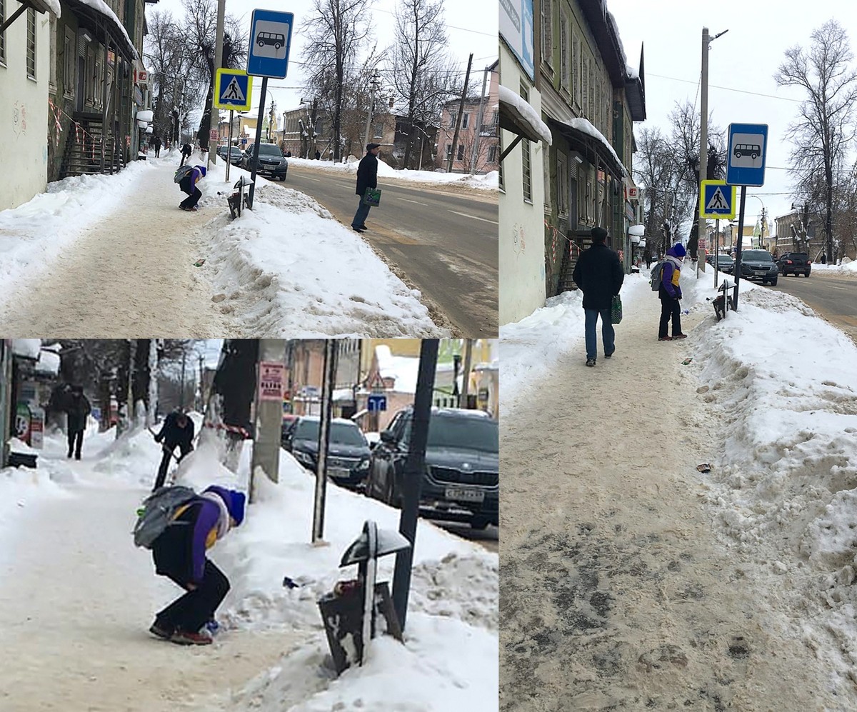 В Кимрах Тверской области девочка убирала мусор на остановке за взрослыми