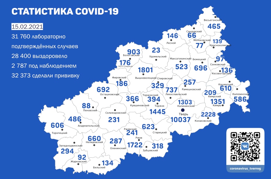 Карта коронавируса в Тверской области к 15 февраля