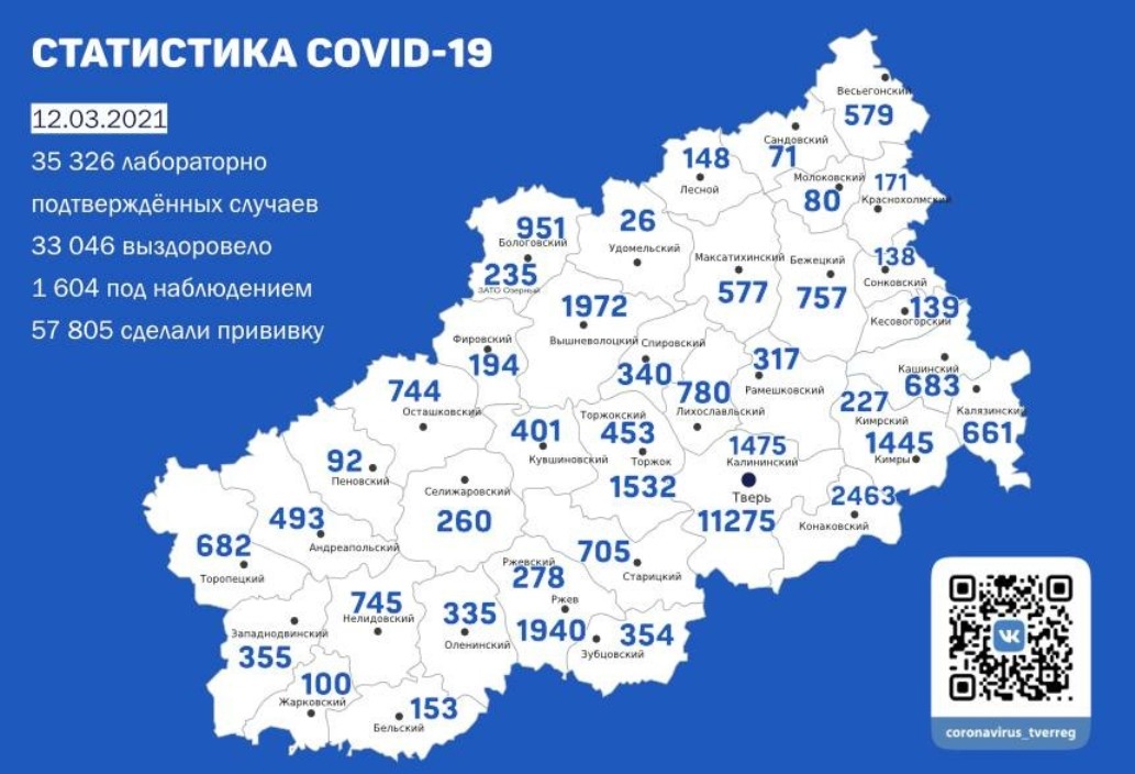 Карта коронавируса в Тверской области за 12 марта