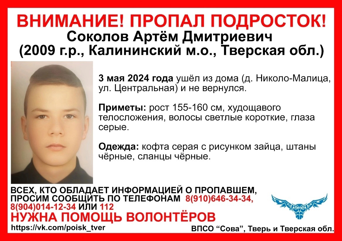 В деревне под Тверью ищут 15-летнего Артема Соколова