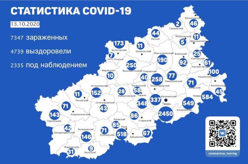 Карта коронавируса в Тверской области: новые случаи к 13 октября