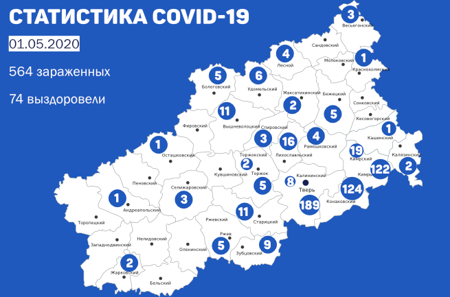 Коронавирус в Тверской области: данные по районам на 1 мая 2020 года