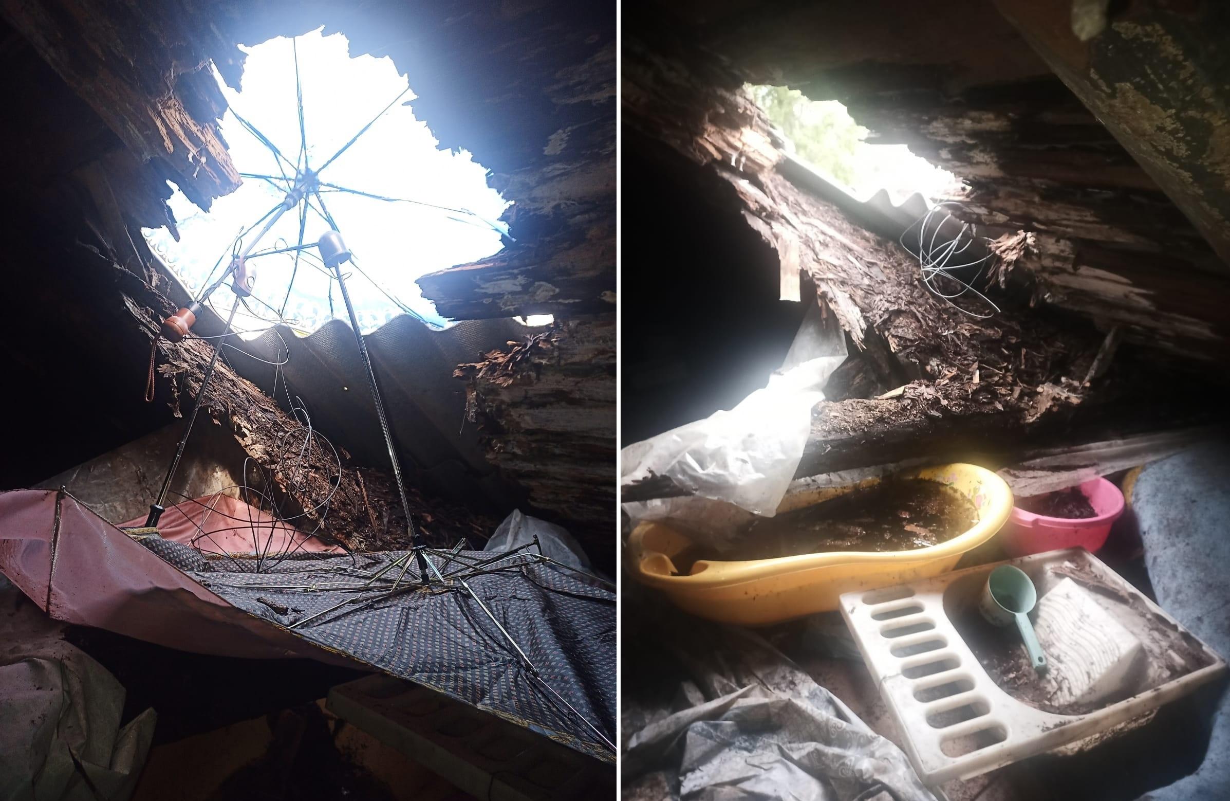 «Мама, это ненормально». В Твери жители многоквартирного дома закрывают дыру в крыше зонтиками и тазиками