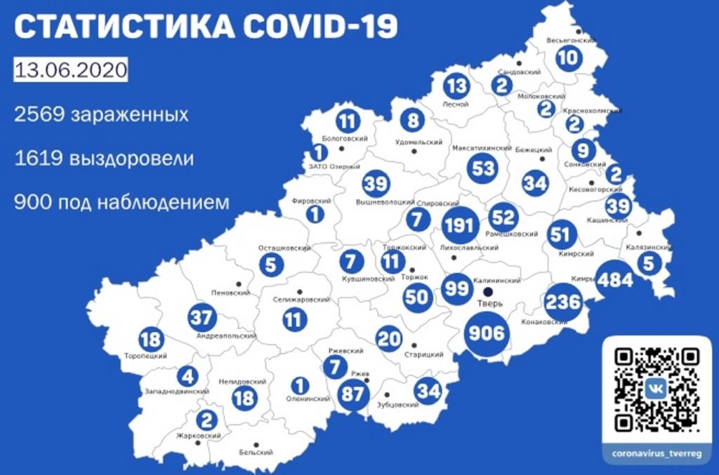 Карта коронавируса в Тверской области: новые данные по районам 13 июня