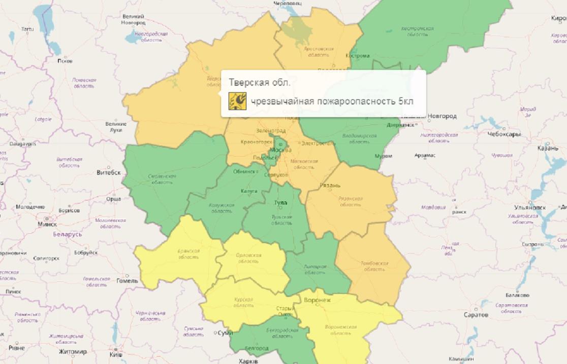 Оранжевый уровень опасности в Тверской области объявлен из-за угрозы пожаров 